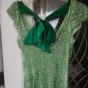 Green Sequin Blouse wil Silk Ribbon (Small) Good Condition